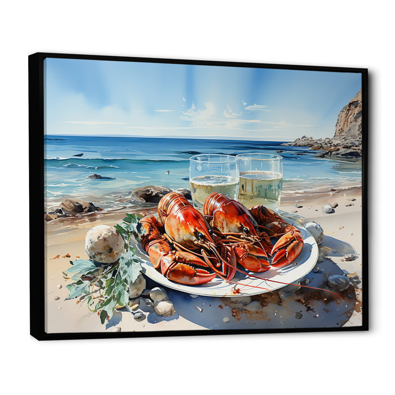 Assiette plate homard avec vue sur l'océan, Cadre flottant noir, H 34 po x l 44 po x P 1,5 po