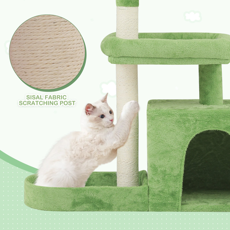 32" Green Cat Tree Tower with Leaf Design and Perch