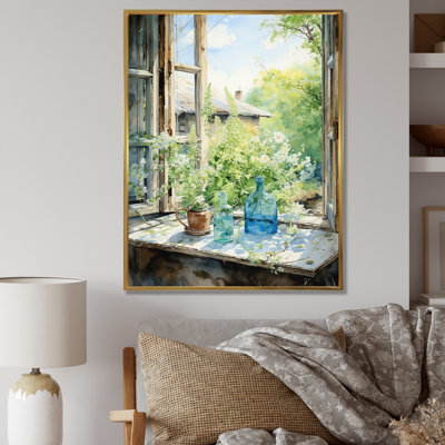 Green and blue countryside window Charm I - Farm Windows Canvas Wall Art