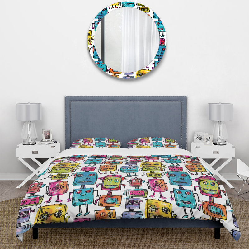Ensemble de housse de couette rose, bleu, robot et amis III, Housse de couette très grand et 2 très grandes t