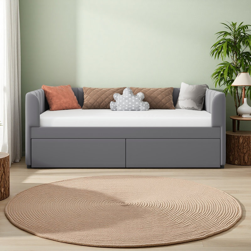 Twin Size Upholstered Daybed With Ergonomic Design Backrest And 2 Drawers, Gray