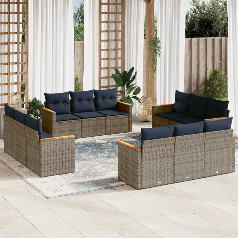  Ensemble de canapé de patio 12 pièces avec coussins en rotin de polyester gris, Gris, Marine