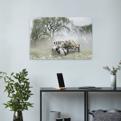 Art rétro contemporain de paysage de camion de fleurs rétro