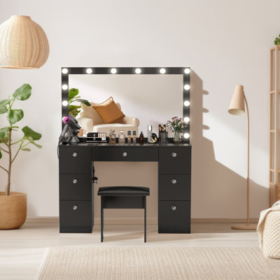 Greyden Makeup Vanity with Large Lighted Mirror, 7 Drawers and Outlets, Stool Included, for Bedroom