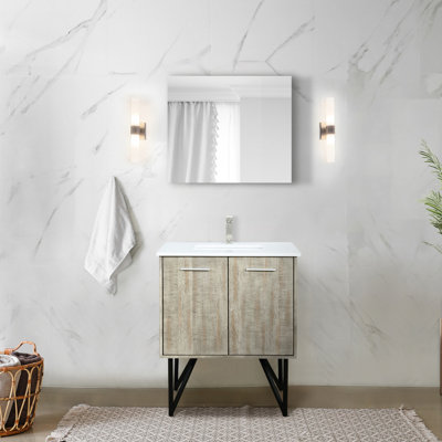 Meuble-lavabo rustique de 30 pouces avec surface en quartz blanc, robinet inclus et miroir de 28 po. L, P 20, comptoir, nickel brossé, décoration murale