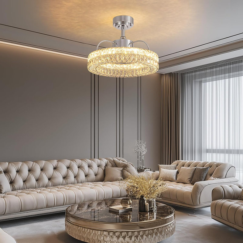 21.5" Crystal Ceiling Fan With Light And Remote Chandelier Ceiling Fan