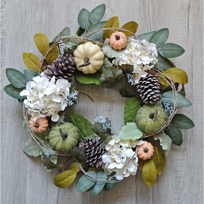 Fall Wreath,  20" Pumkin/Hydrangea/Pinecone