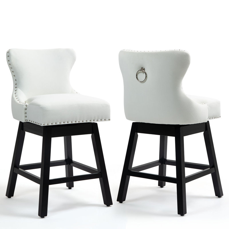 Upholstered 26" Swivel Counter Stools With Solid Wood Legs, White, 4