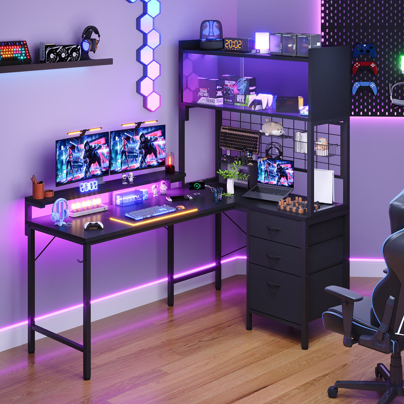 L-Shaped Metal Base Computer Desk, Black