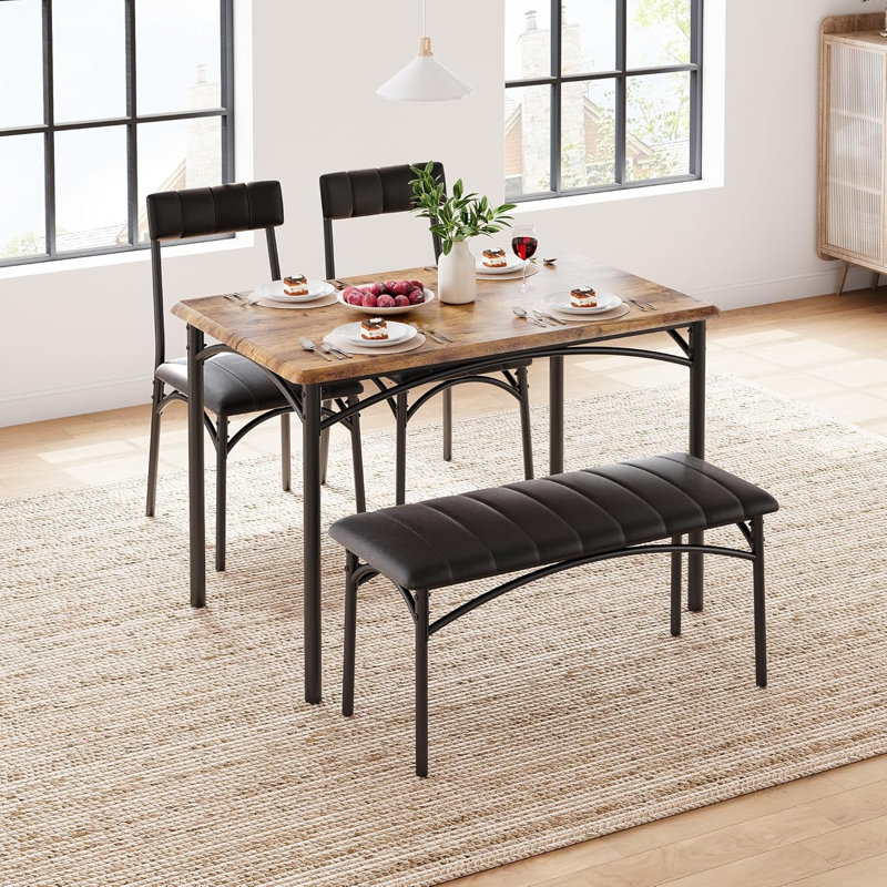 Space-Saving 4-Piece Dining Table Set with Upholstered Chairs & Bench – Compact Industrial Kitchen & Dining Room Furniture – Ideal for Small Spaces – Vintage Colour