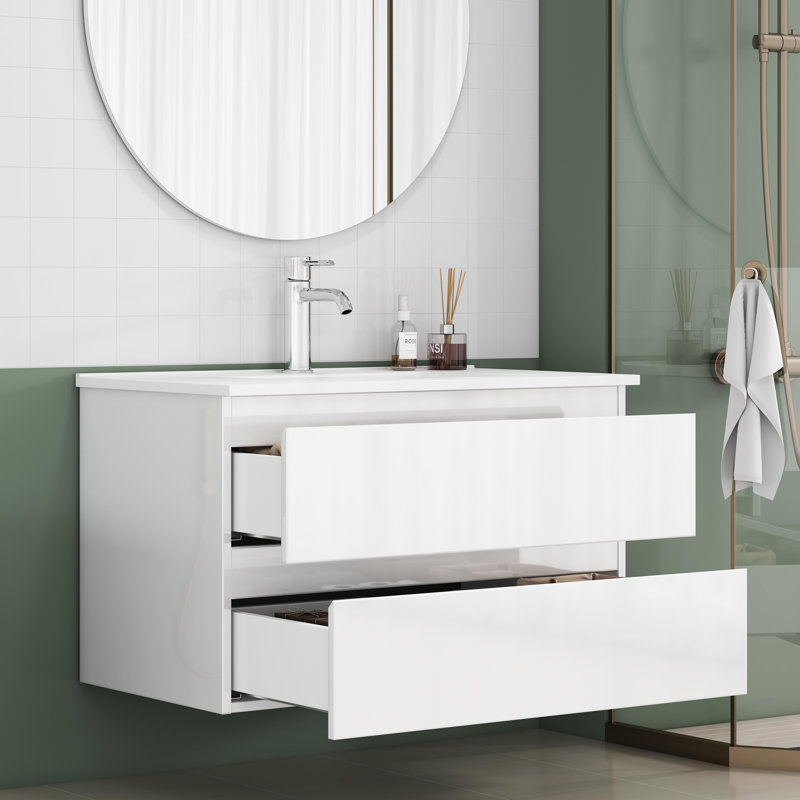 Meuble-lavabo de 31,5 po avec lavabo combiné, armoire avec 2 grands tiroirs, système de fermeture en douceur, 2 grands tiroirs, conception sans poignée, assemblage facile