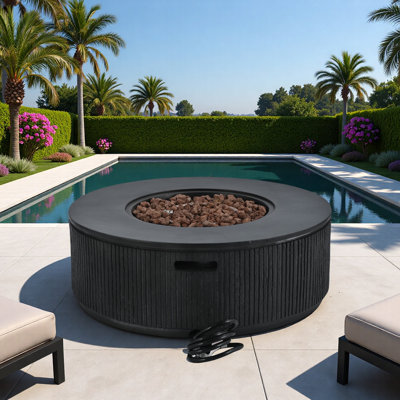Mgo Propane Outdoor Round Fire Pit With Vertical Stripe Design, Steel Burner, Adjustable Flame Control, Lava Rocks And Rain Cover