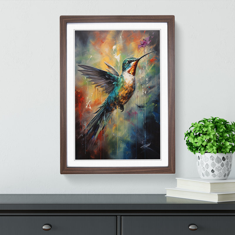 Hummingbird Gestural No.2 - Single Picture Frame Print on Wood, Walnut, 34cm H x 25cm W x 2cm D