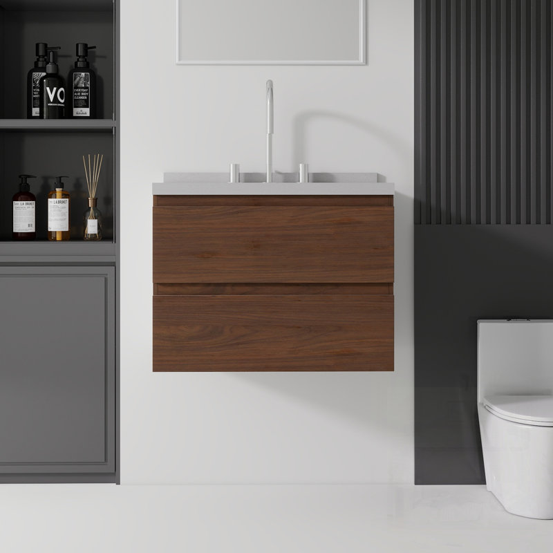 Meuble-lavabo flottant avec lavabo, tiroir à fermeture en douceur, comptoir et dosseret en marbre de granite blanc de 2 po