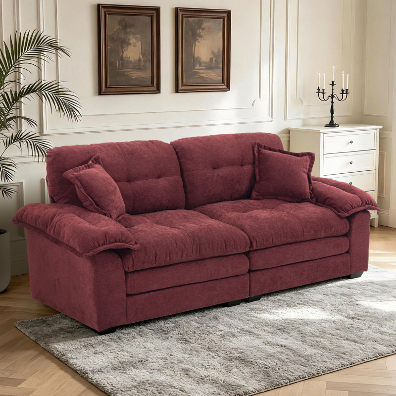 Geneveve 84" Chenille Upholstered Pillow-Top Arm Loveseat Sofa with Memory Foam Cushions and Pocketed Coil Springs, Red