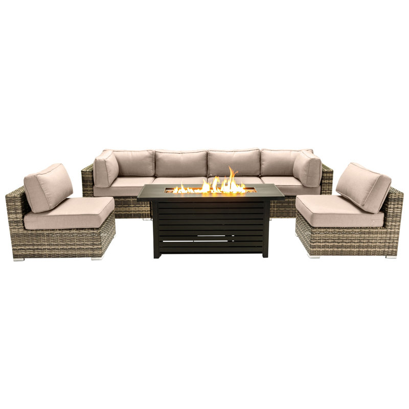 Ensemble de conversation pour 6 personnes avec foyer en métal et coussins Sunbrella Lsi, Beige Sunbrella