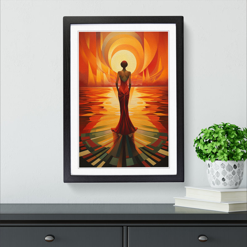 Sunset Art Deco - Single Picture Frame Print on Wood, 46cm H x 34cm W x 2cm D, Black