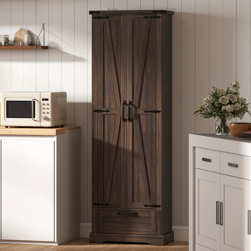 Garde-manger de 71 po de hauteur, armoire de rangement de ferme avec portes de grange, tiroir et tablettes réglables, garde-manger autoportant pour cuisine, salle à manger, brun