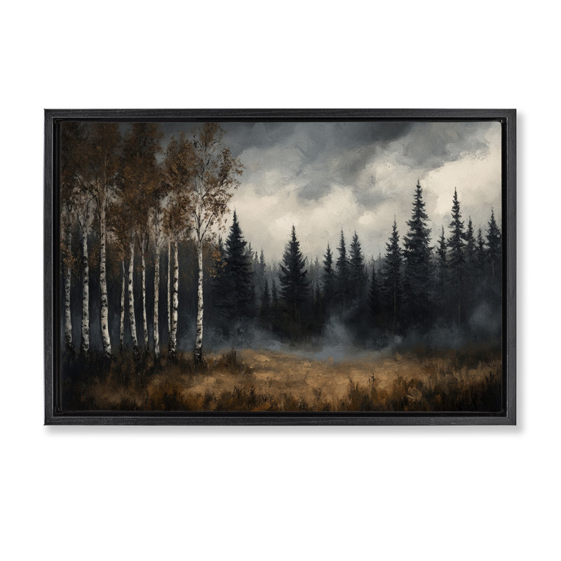 Misty Forest in Autumn Floating Frame, design par Petal Prints Design, Cadre flottant noir de jais, H 17 po x l 25 po