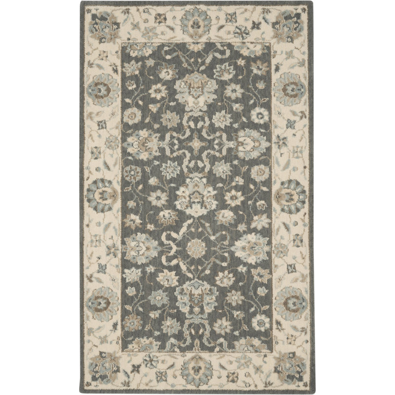 Tapis rond gris en laine à motif oriental Isadora, Rectangle 2 pi 6 po x 4 pi 3 po