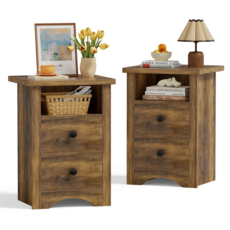 NightStand Set of 2 with 2 Drawers & Open Storage Shelf, Farmhouse End Table Bedside Table for Bedroom Living Room, Brown