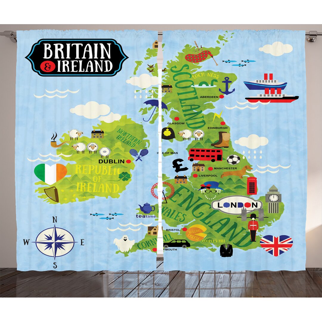 Rustikaler Vorhang, Landkarten von Großbritannien Irland, Karikatur, Blassblau Apfelgrün