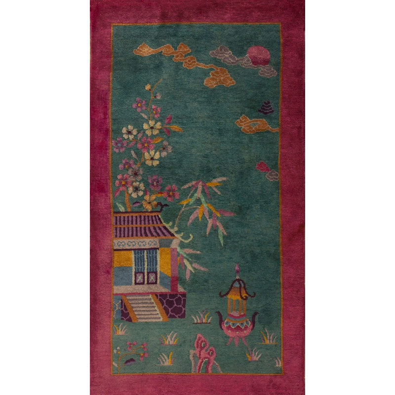 Green Antique Wool Floral Hand Knotted Pile 1920s Rectangle Rug