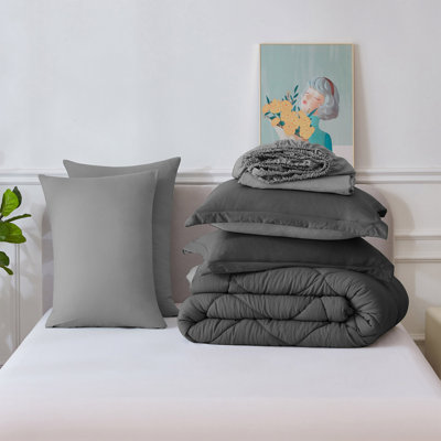 7 Piece Washed Microfiber All Season Comforter Set - Diamond-Stitched Quilting Bedding Set, Solid Reversible Down Alternative Filling Duvet Insert ,Fluffy Breathable Farmhouse Microfiber Comforter