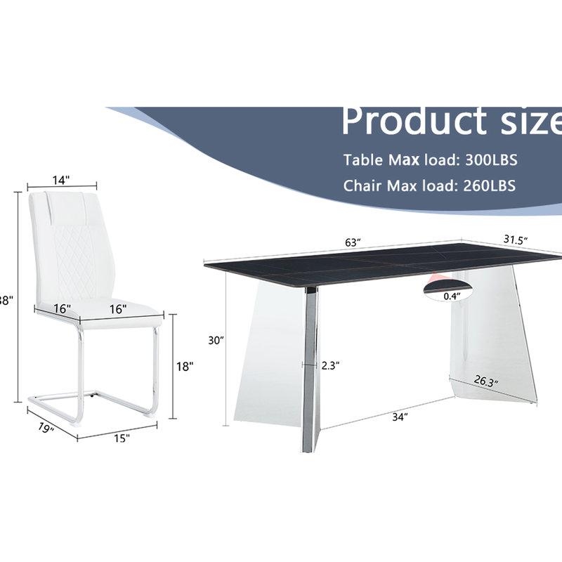 6 tables de salle à manger avec table en marbre noir et 6 chaises en polyuréthane blanc de style moderne