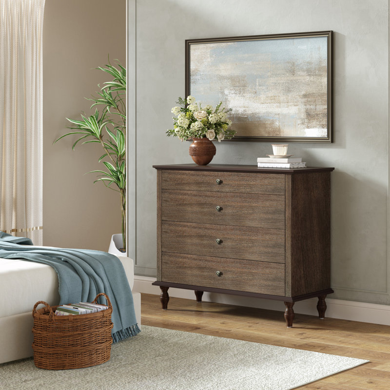 Commode 4 tiroirs en bois avec poignées en métal, Brun foncé rustique