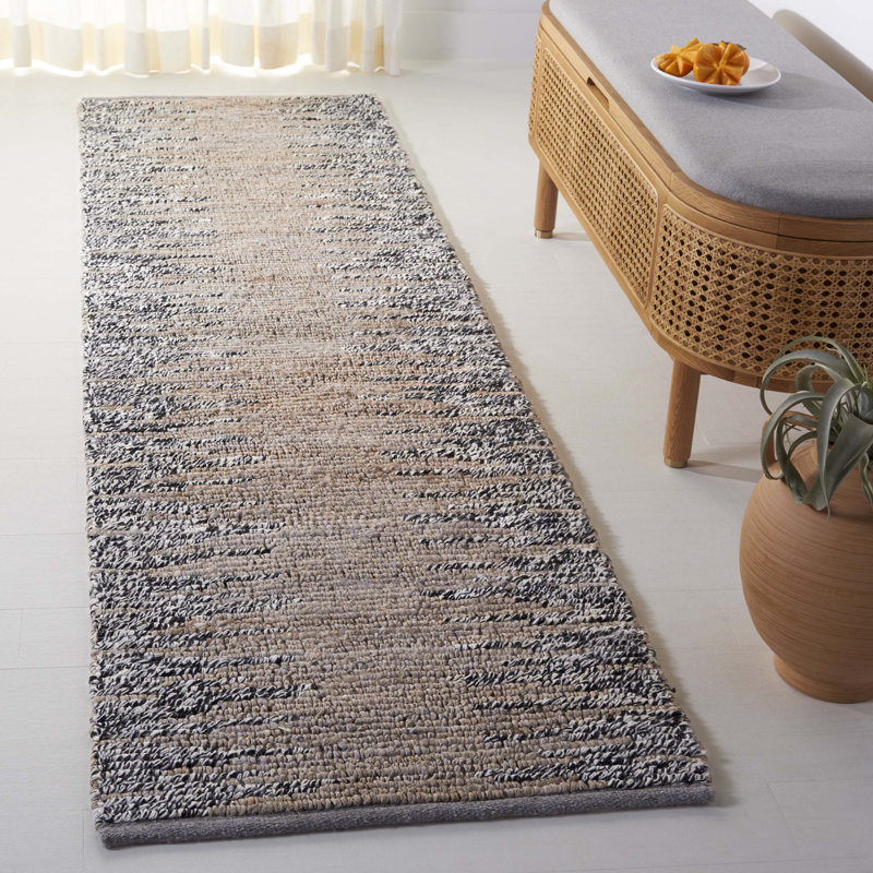 Servan Natural Fiber Hand Woven Jute/Wool Abstract Rug in Gray/Black, Runner 2'3" x 8'