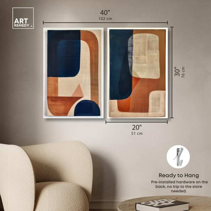Blue Cream Set Canvas Set of 2 Boho Abstract by Art Remedy, 30" H x 20" W, Wrapped Canvas