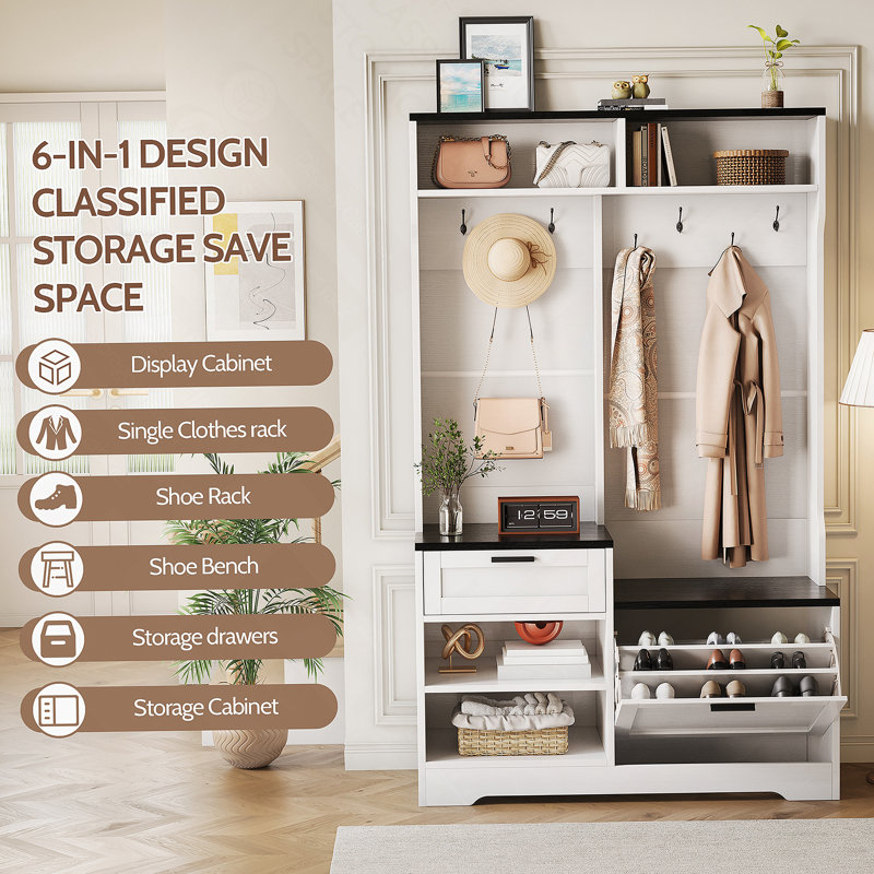 Hall Tree With Bench And Shoe Storage, 6-In-1 Entryway Organizer, 43.3" X 15.75" X 70.87", MDF Wood, Embossed White/Black Wood Grain Finish