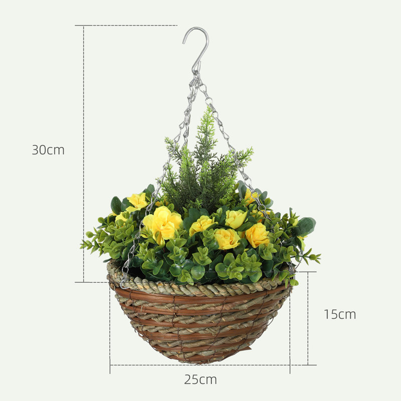 Outsunny Pack of 2 Hanging Basket Fake Flowers Realistic PE Rattan, Yellow