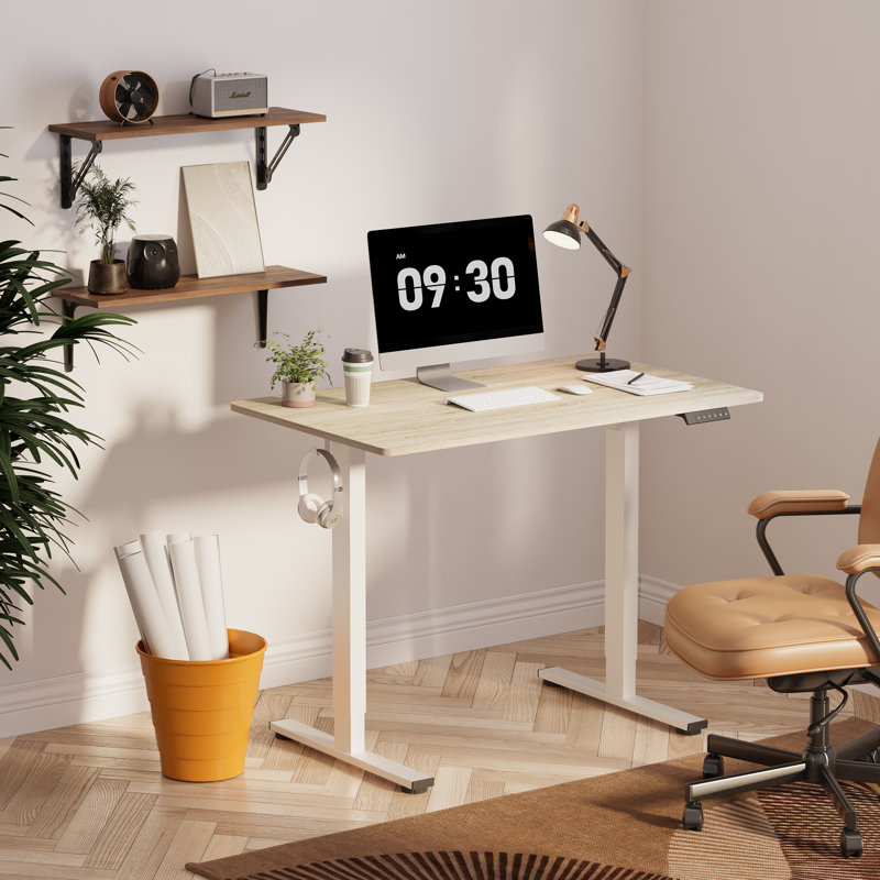 Melesia Adjustable Height Steel Standing Desk, 46.5" H x 39.4" W x 23.6" D, Light Brown/White