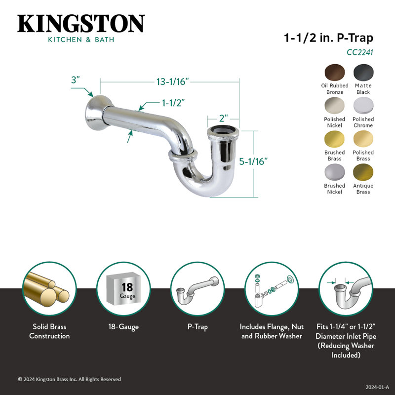 Kingston Brass 1-1/4" (Or 1-1/2") X 1-1/2" P-Trap With Bell Flange, 13-1/16" Length, 18 Gauge