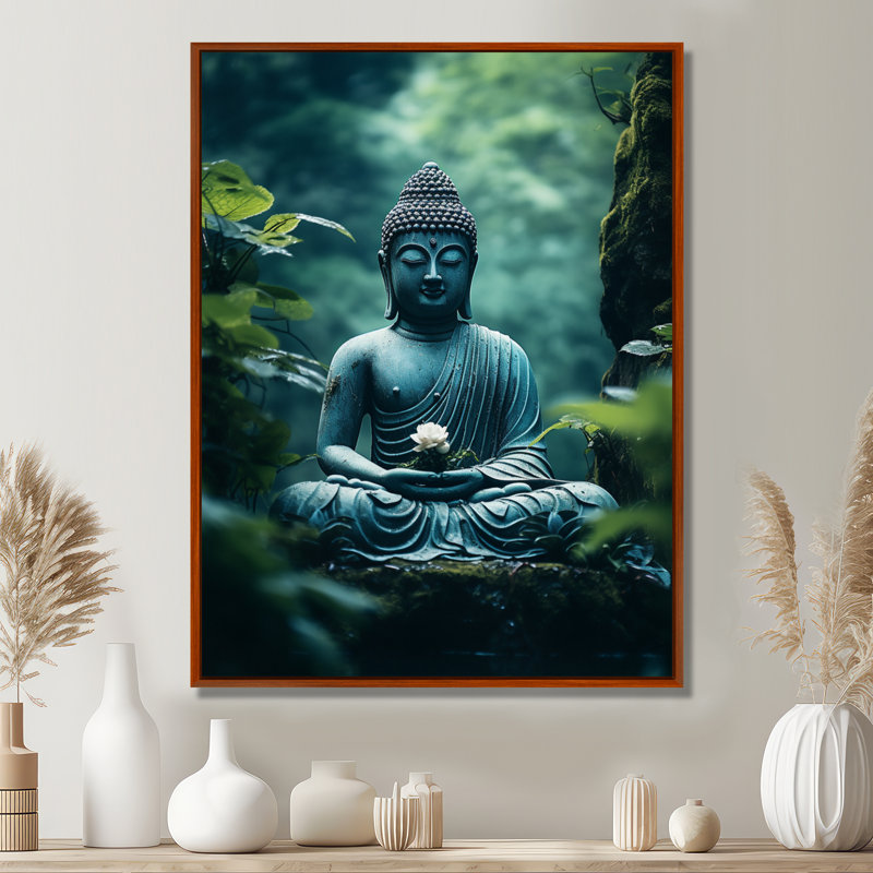 Bouddha Alt sarcelle bouddhas sérénité I - art mural bouddhisme, H 20 po x l 12 po x P 1 po, Cadre flottant brun