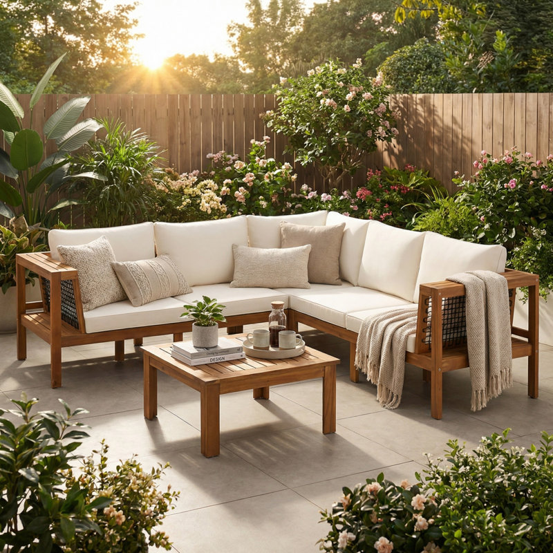 4 Pieces Outdoor Acacia Wood Conversation Sofa Set, L-Shaped Patio Furniture Sofa Set with Coffee Table, Beige