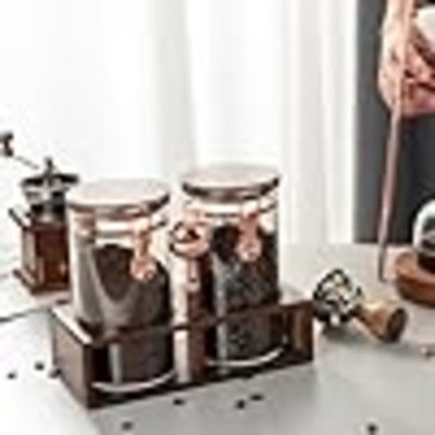 Glass Coffee Canister Set With Shelf And Spoon, Set Of 2 Coffee Containers For Storing Ground Coffee Beans, Sealed, Coffee Bar Coffee Filter Holder
