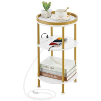 Petite table de bout ronde avec station de charge, canapé d'appoint à 3 niveaux avec ports USB et prises de courant, canapé, table d'appoint pour le salon, petite table de chevet dans la chambre à coucher (chargeur USB, blanc et or)