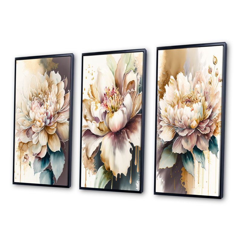 «Rose et crème à l'aquarelle», 3 pièces sur toile, Noir, H 32 po x l 48 po