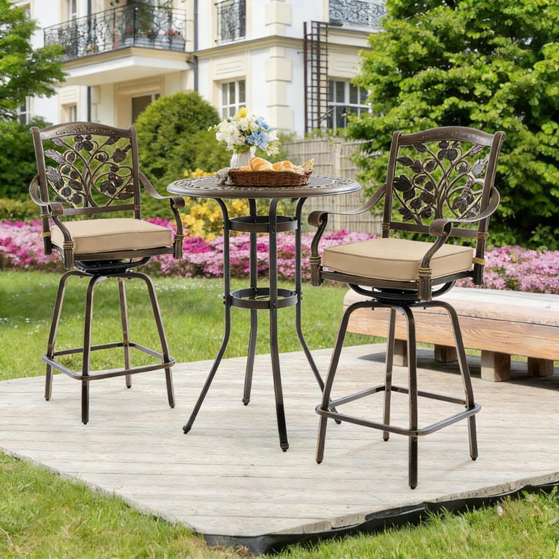 3 Piece Swivel Outdoor Table And Chairs Calin , All-weather Cast Aluminum Outdoor High Top Patio Calin Bistro Set, High Swivel Stools With Cushions Umberlla Hole For Balcony, Poolside,garden,lawn