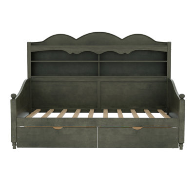 Leto Retro Wooden Daybed with Storage Drawers & Headboard Shelving, Under-Bed Storage, Space-Saving Bedroom Furniture