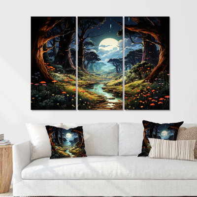 Pleine lune fleurie, rivière, forêt, ensemble d'art mural