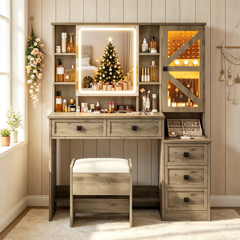 Ensemble de coiffeuse avec lumières, miroir et tabouret de rangement pour coiffeuse, Brun