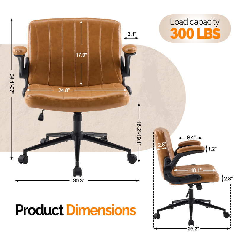 Oil-Waxed Leather Swivel Chair With Flip-Up Armrests, Brown