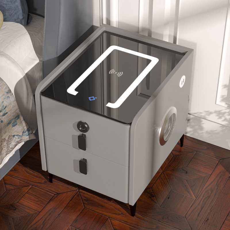 Jaylis 2 - Drawer Small Nightstand with Fingerprint Lock and LED and Music Player, Grey