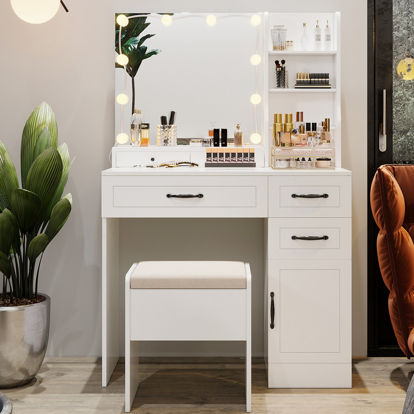 Makeup Vanity Table with Lighted Mirror, Vanity Desk with Storage Shelf and 4 Drawers, White Ebern Designs