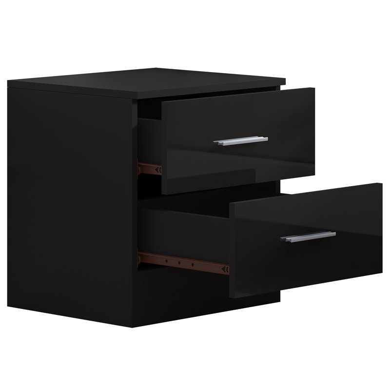 Eva High Gloss 2 Drawer Bedside Table - H: 48.5cm x D: 39.5cm x W: 45cm, Black Oak/Gloss Black