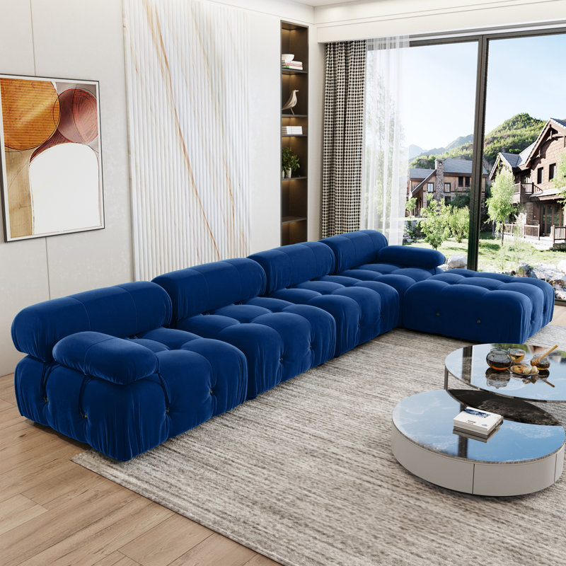  Canapé modulaire réversible en velours de 138,6 po avec repose-pieds Cylar, Velours bleu